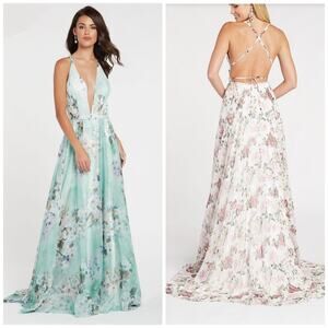 NWT Alyce Paris Honeydew Blue Green Floral Chiffon Gown $348 Size 6